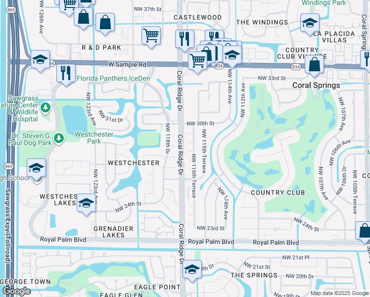map of restaurants, bars, coffee shops, grocery stores, and more near 11605 Northwest 28th Street in Coral Springs