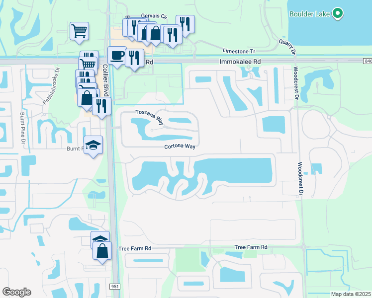 map of restaurants, bars, coffee shops, grocery stores, and more near 15309 Cortona Way in Naples