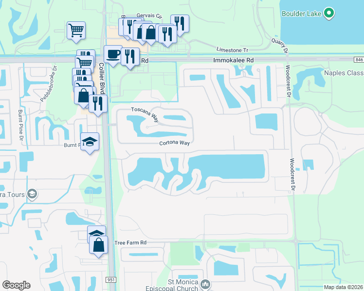 map of restaurants, bars, coffee shops, grocery stores, and more near 15309 Cortona Way in Naples