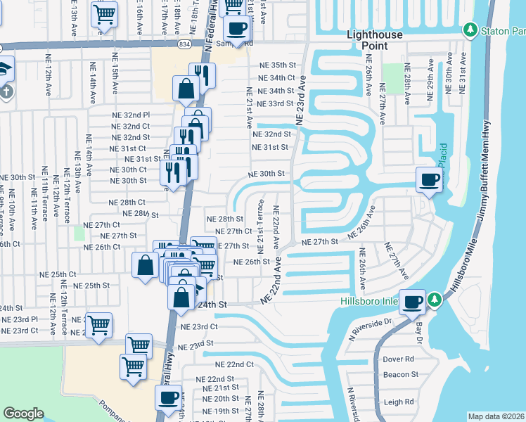map of restaurants, bars, coffee shops, grocery stores, and more near 2161 Northeast 28th Street in Lighthouse Point