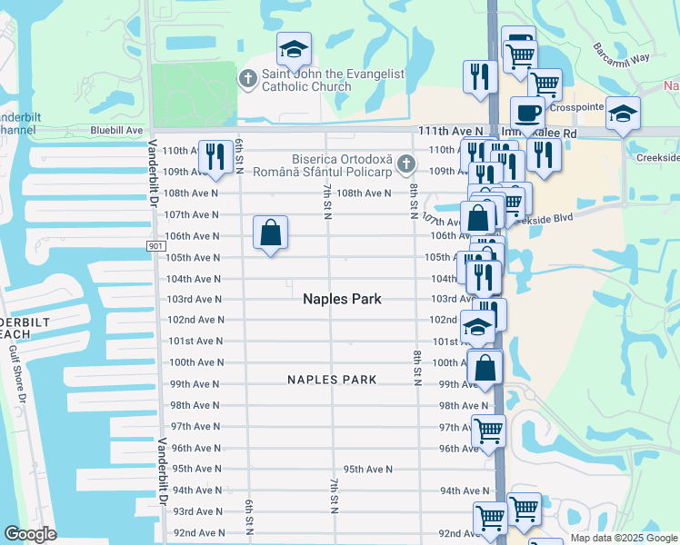 map of restaurants, bars, coffee shops, grocery stores, and more near 711 104th Avenue North in Naples