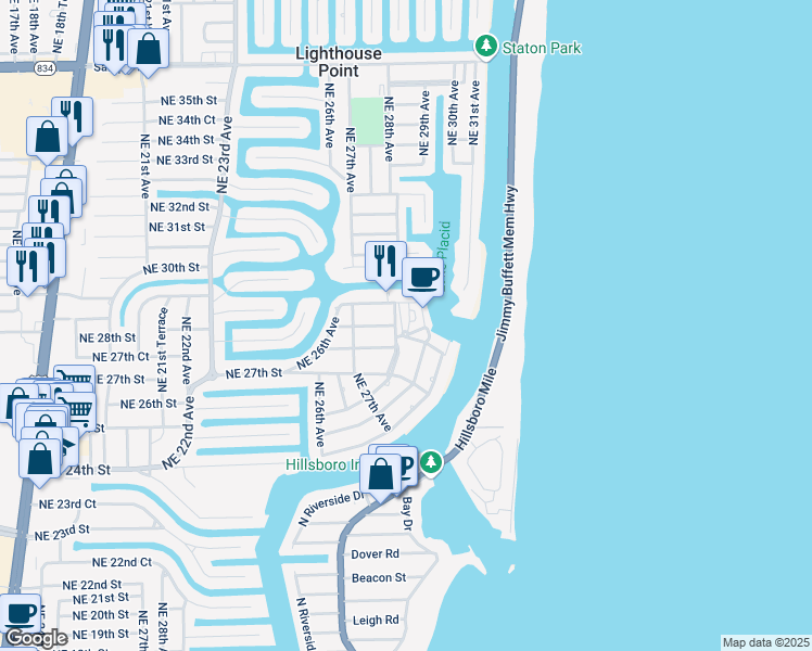 map of restaurants, bars, coffee shops, grocery stores, and more near 2835 Northeast 28th Avenue in Lighthouse Point