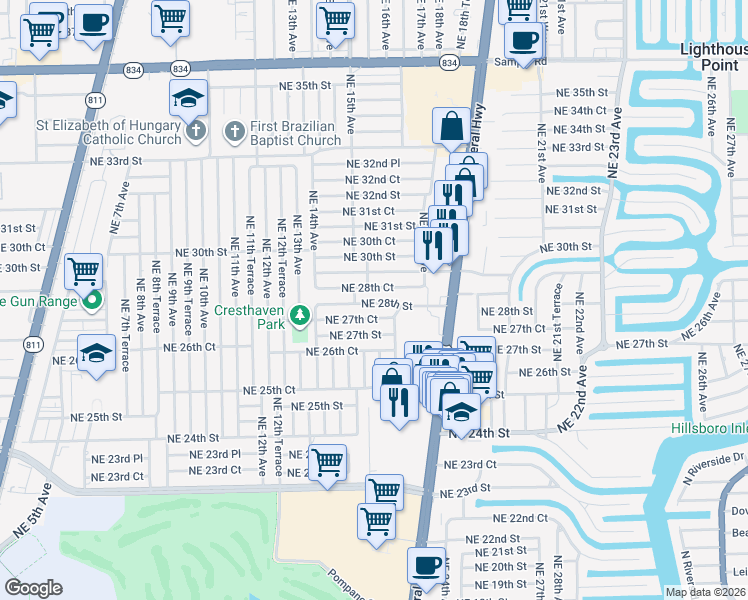 map of restaurants, bars, coffee shops, grocery stores, and more near 1556 Northeast 28th Court in Pompano Beach
