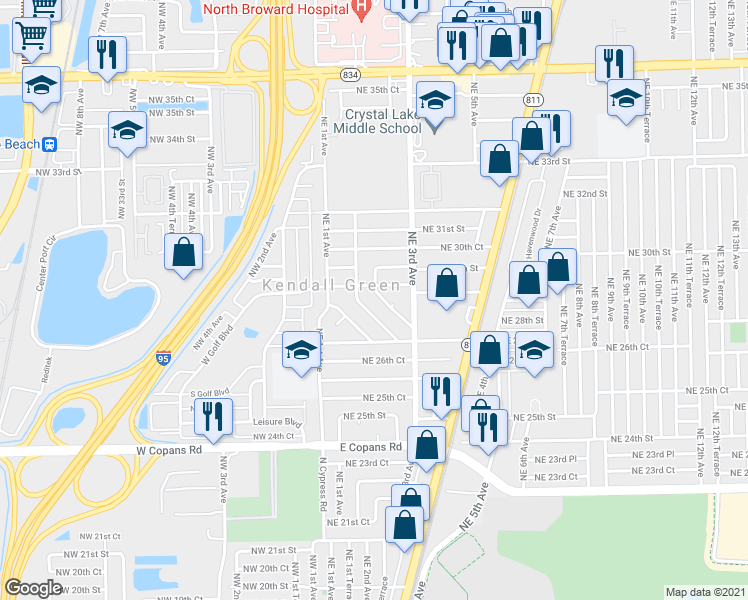 map of restaurants, bars, coffee shops, grocery stores, and more near 2821 Northeast 2nd Terrace in Pompano Beach