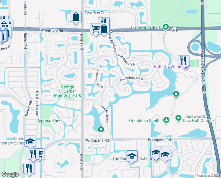 map of restaurants, bars, coffee shops, grocery stores, and more near 3150 Northwest 42nd Avenue in Coconut Creek
