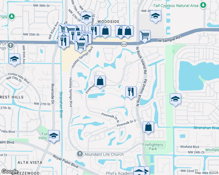 map of restaurants, bars, coffee shops, grocery stores, and more near 3340 Pinewalk Drive North in Margate