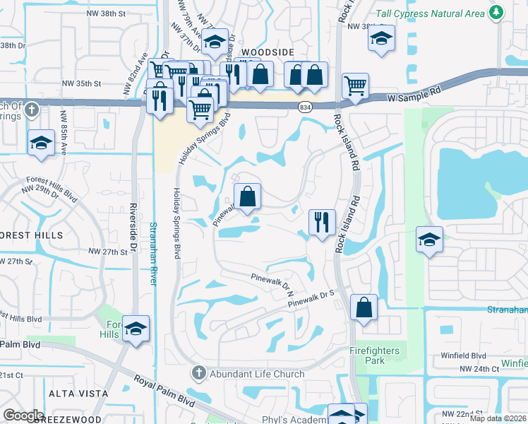 map of restaurants, bars, coffee shops, grocery stores, and more near 3340 Pinewalk Drive North in Margate