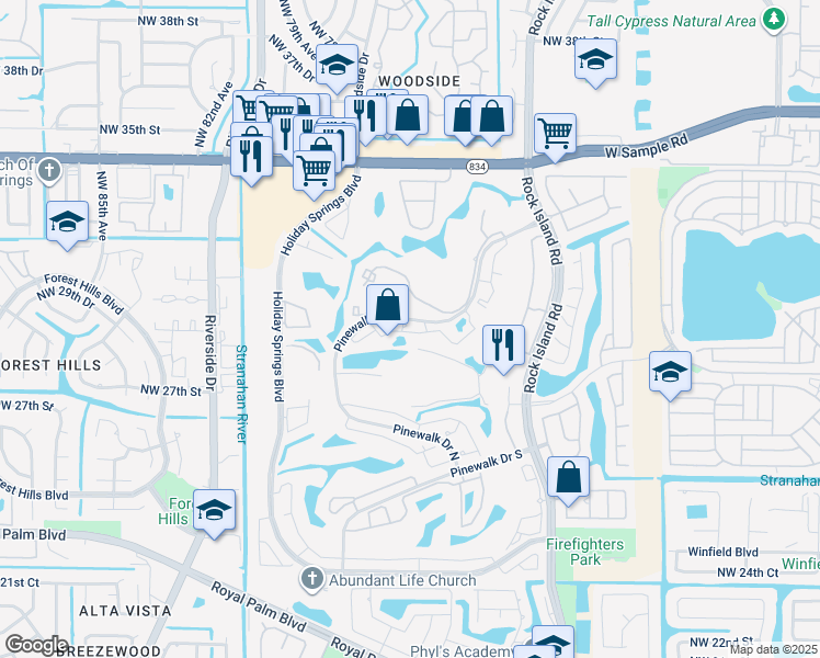 map of restaurants, bars, coffee shops, grocery stores, and more near 3340 Pinewalk Drive North in Margate