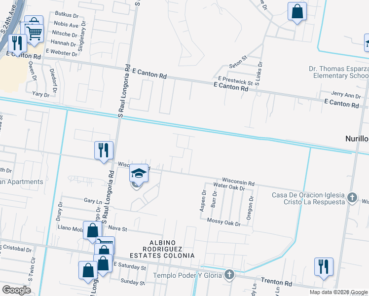 map of restaurants, bars, coffee shops, grocery stores, and more near 3303 Aurora Lane in Edinburg