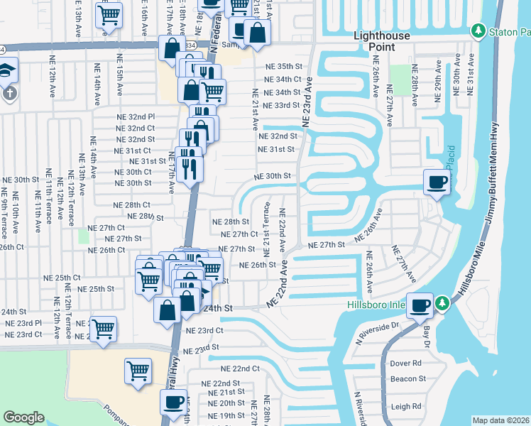 map of restaurants, bars, coffee shops, grocery stores, and more near 2161 Northeast 28th Street in Lighthouse Point