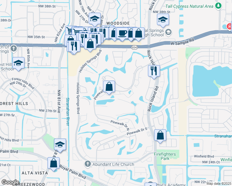 map of restaurants, bars, coffee shops, grocery stores, and more near 3340 Pinewalk Drive North in Margate