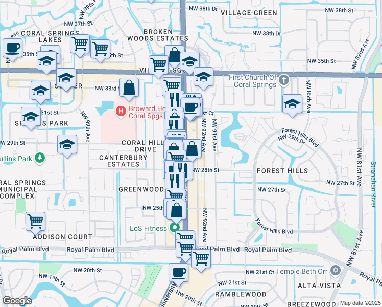 map of restaurants, bars, coffee shops, grocery stores, and more near 2863 North University Drive in Coral Springs