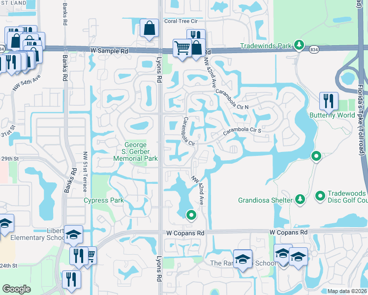 map of restaurants, bars, coffee shops, grocery stores, and more near 3029 Carambola Circle South in Coconut Creek