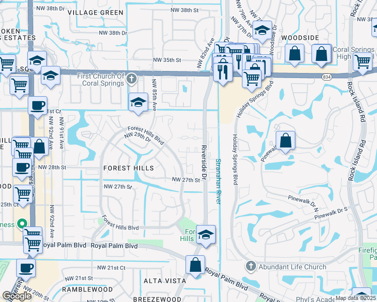 map of restaurants, bars, coffee shops, grocery stores, and more near 2889 Forest Hills Boulevard in Coral Springs