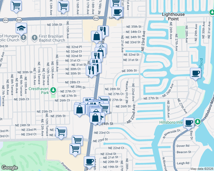 map of restaurants, bars, coffee shops, grocery stores, and more near 1920 Northeast 28th Court in Lighthouse Point