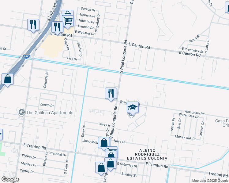 map of restaurants, bars, coffee shops, grocery stores, and more near 3327 South Raul Longoria Road in Edinburg