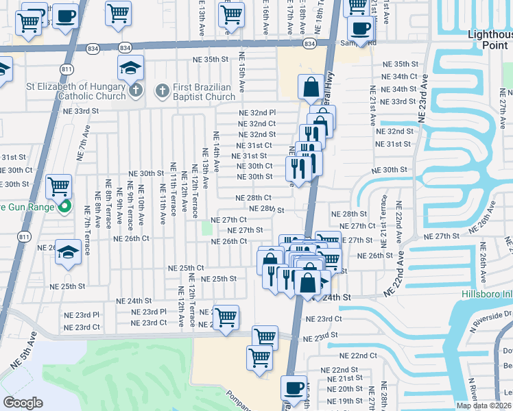 map of restaurants, bars, coffee shops, grocery stores, and more near 1556 Northeast 28th Court in Pompano Beach