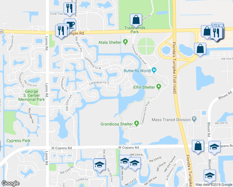 map of restaurants, bars, coffee shops, grocery stores, and more near 2907 Carambola Circle South in Coconut Creek