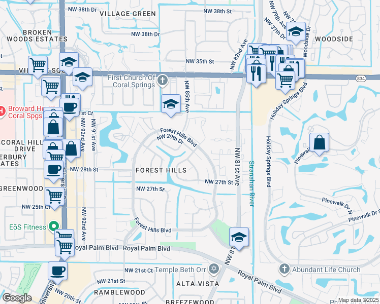 map of restaurants, bars, coffee shops, grocery stores, and more near 8500 Northwest 29th Drive in Coral Springs
