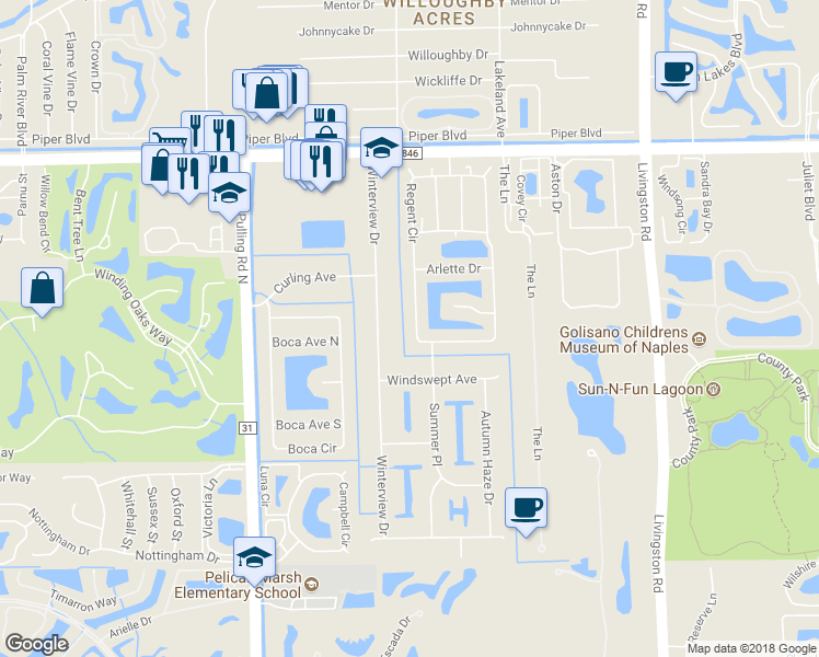 map of restaurants, bars, coffee shops, grocery stores, and more near 10571 Regent Circle in Naples