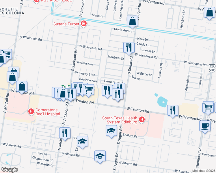 map of restaurants, bars, coffee shops, grocery stores, and more near 1715 Dulcinea Avenue in Edinburg