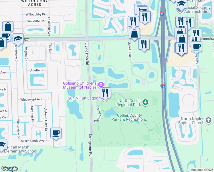 map of restaurants, bars, coffee shops, grocery stores, and more near 15090 Palmer Lake Circle in Naples