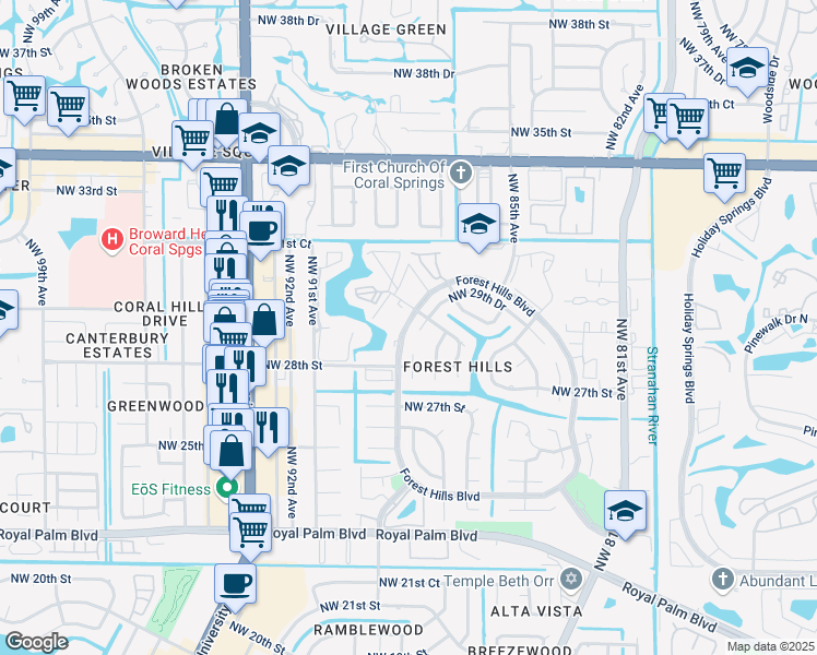 map of restaurants, bars, coffee shops, grocery stores, and more near 2920 Forest Hills Boulevard in Coral Springs