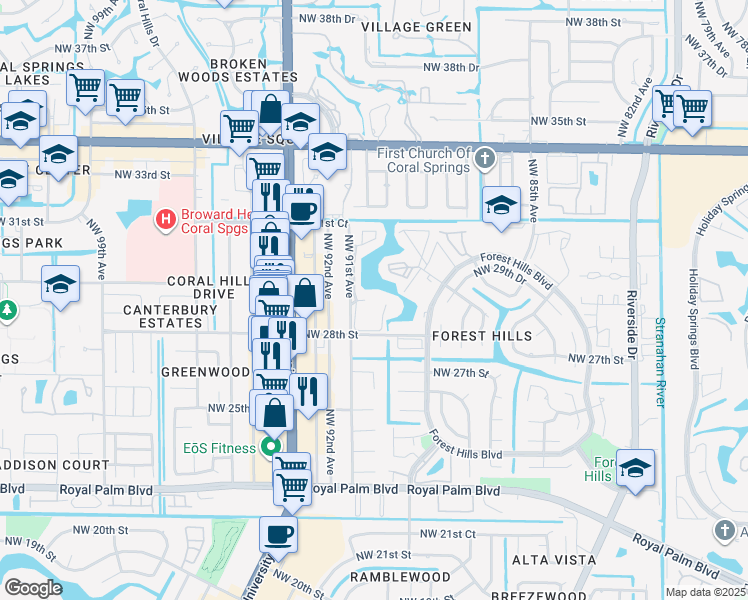 map of restaurants, bars, coffee shops, grocery stores, and more near 2801 Northwest 91st Avenue in Coral Springs