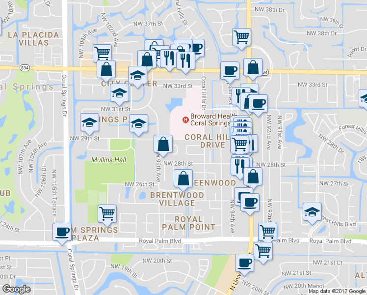 map of restaurants, bars, coffee shops, grocery stores, and more near 2862 Northwest 97th Avenue in Coral Springs