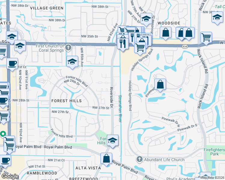 map of restaurants, bars, coffee shops, grocery stores, and more near Riverside Drive in Coral Springs