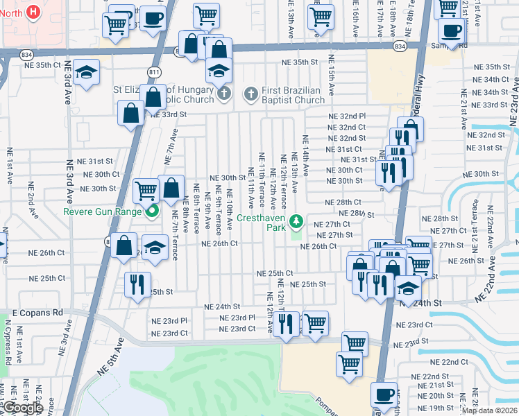 map of restaurants, bars, coffee shops, grocery stores, and more near 2831 Northeast 11th Terrace in Pompano Beach