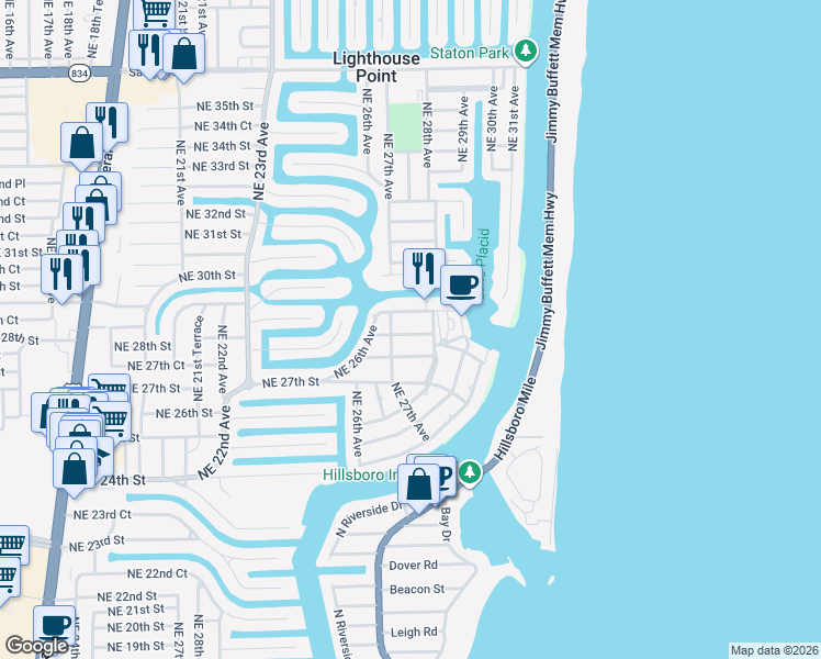 map of restaurants, bars, coffee shops, grocery stores, and more near 2737 Northeast 28th Street in Lighthouse Point