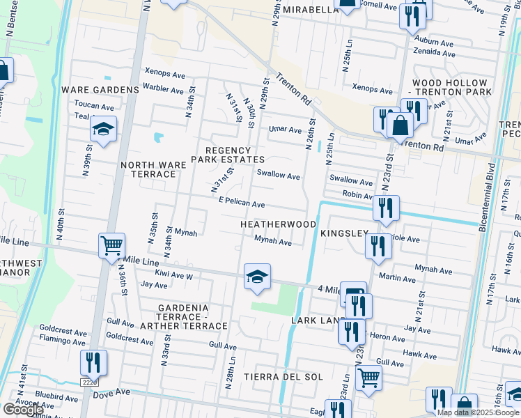 map of restaurants, bars, coffee shops, grocery stores, and more near 2809 East Pelican Avenue in McAllen