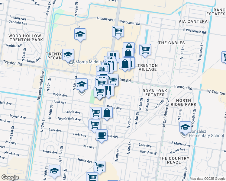 map of restaurants, bars, coffee shops, grocery stores, and more near 901 Trenton Road in McAllen