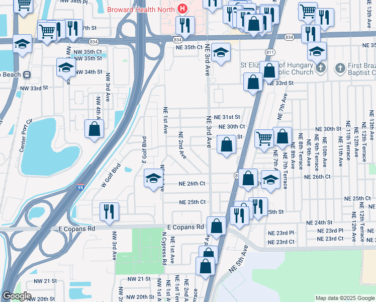 map of restaurants, bars, coffee shops, grocery stores, and more near 2821 Northeast 2nd Terrace in Pompano Beach