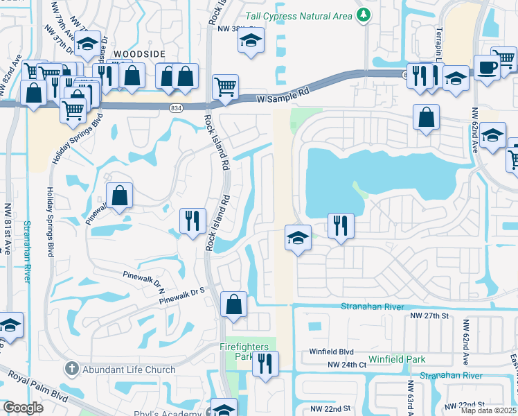map of restaurants, bars, coffee shops, grocery stores, and more near 3067 Bayberry Way in Margate