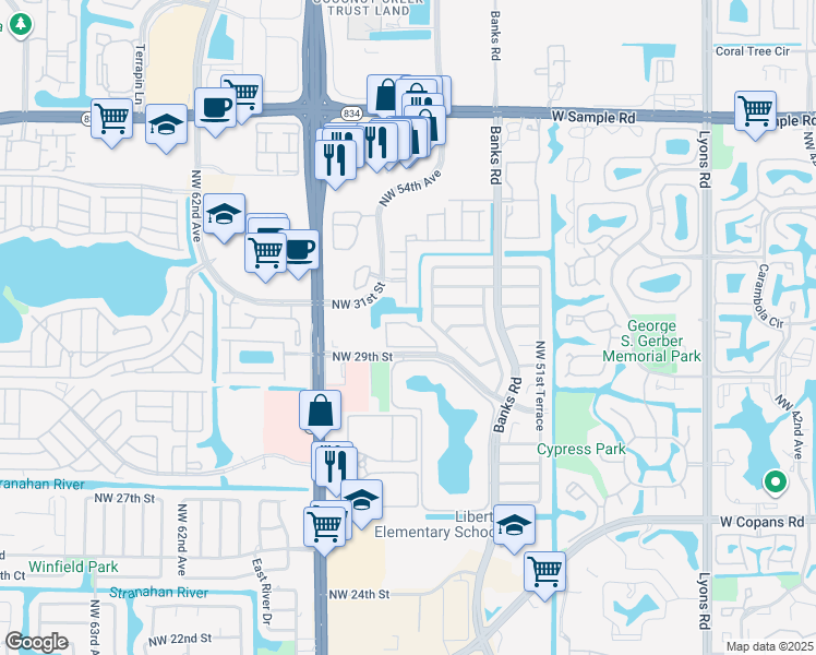 map of restaurants, bars, coffee shops, grocery stores, and more near 5575 Courtyard Drive in Margate