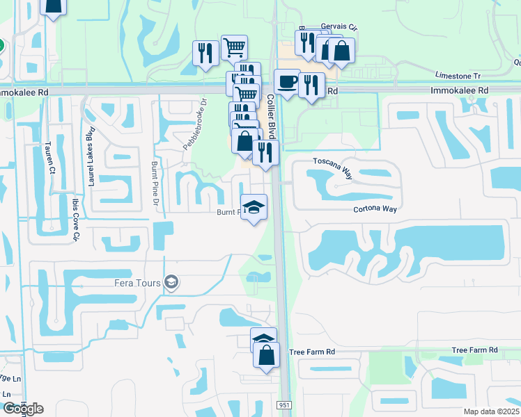 map of restaurants, bars, coffee shops, grocery stores, and more near 358 Burnt Pine Drive in Naples