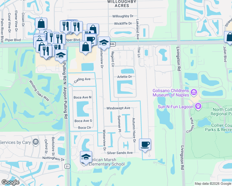map of restaurants, bars, coffee shops, grocery stores, and more near 10571 Regent Circle in Naples