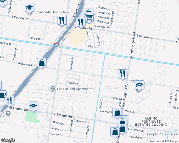 map of restaurants, bars, coffee shops, grocery stores, and more near 3409 Blue Stone Street in Edinburg