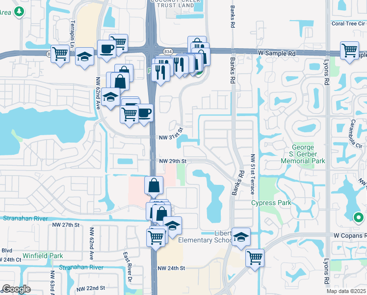 map of restaurants, bars, coffee shops, grocery stores, and more near 5522 Courtyard Drive in Margate