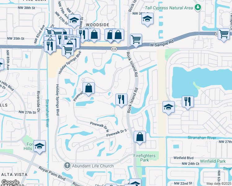 map of restaurants, bars, coffee shops, grocery stores, and more near 3410 Pinewalk Drive North in Margate