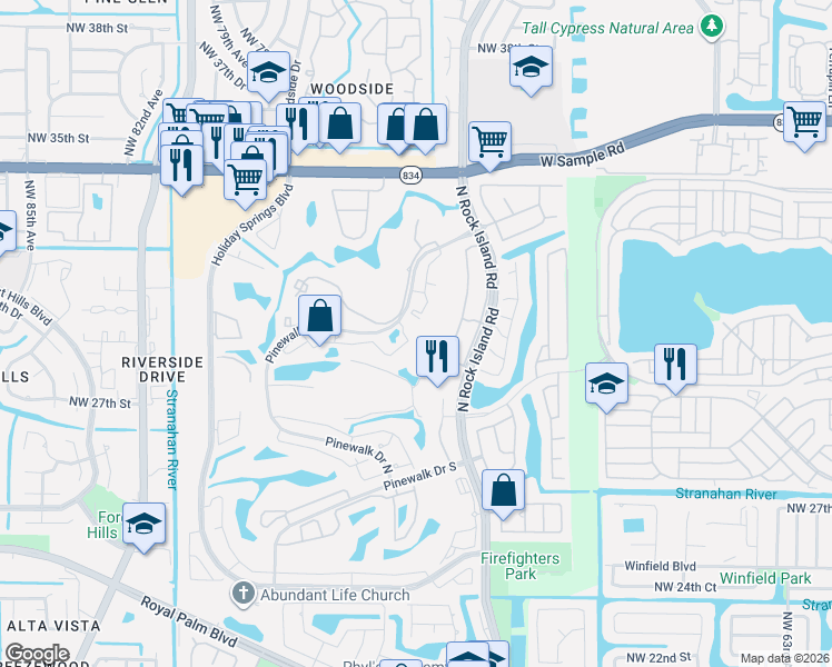 map of restaurants, bars, coffee shops, grocery stores, and more near 3410 Pinewalk Drive North in Margate