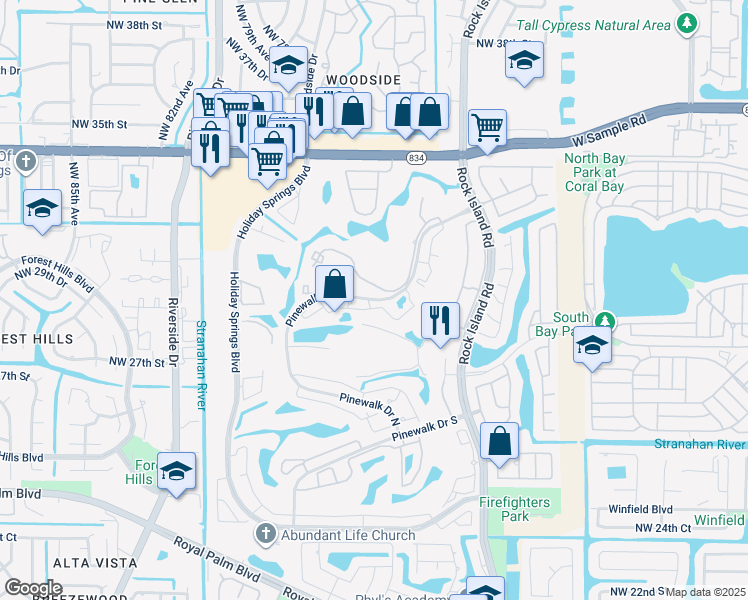map of restaurants, bars, coffee shops, grocery stores, and more near 3340 Pinewalk Drive North in Margate