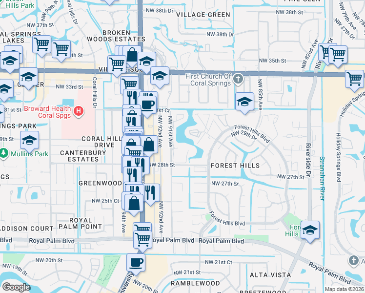 map of restaurants, bars, coffee shops, grocery stores, and more near 2801 Northwest 91st Avenue in Coral Springs