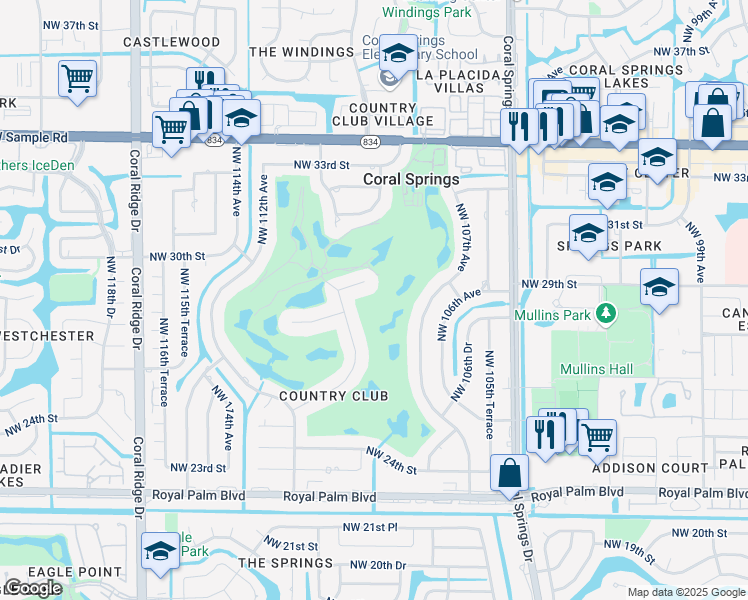map of restaurants, bars, coffee shops, grocery stores, and more near 10890 West Sample Road in Coral Springs
