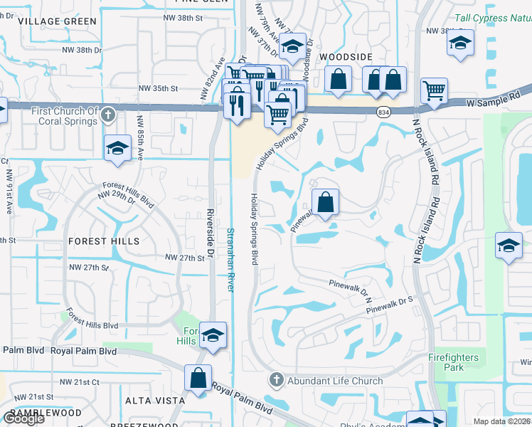 map of restaurants, bars, coffee shops, grocery stores, and more near 3185 Holiday Springs Boulevard in Margate