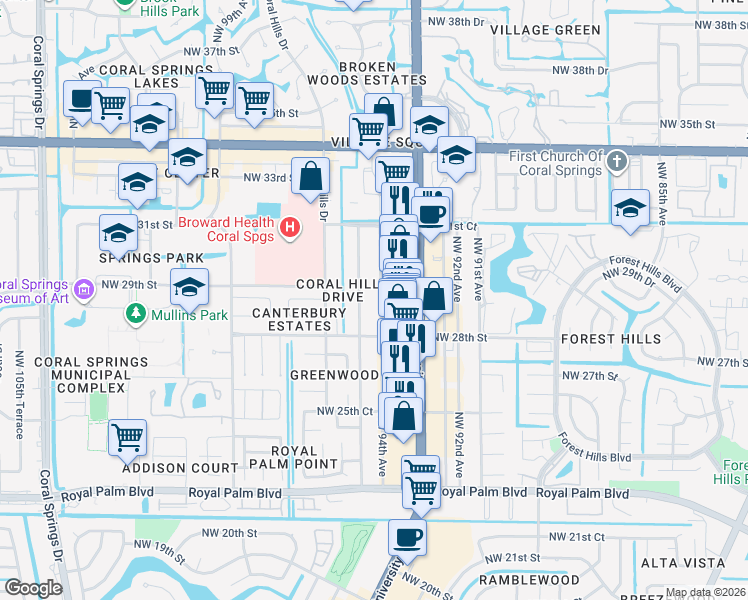 map of restaurants, bars, coffee shops, grocery stores, and more near 2902 North University Drive in Coral Springs