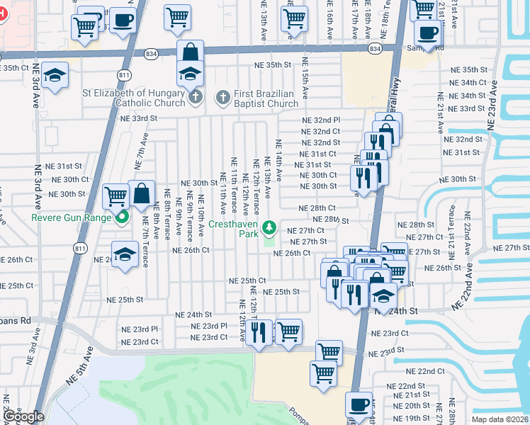 map of restaurants, bars, coffee shops, grocery stores, and more near 2849 Northeast 12th Terrace in Pompano Beach