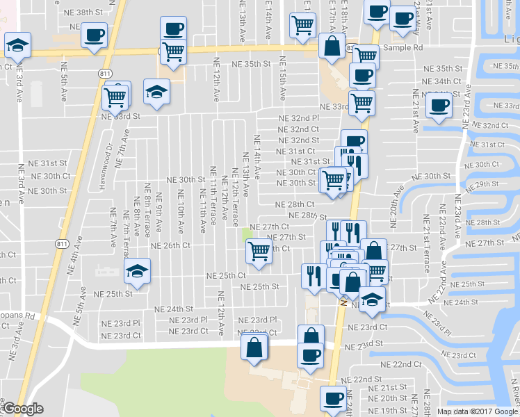 map of restaurants, bars, coffee shops, grocery stores, and more near 1406 Northeast 28th Court in Pompano Beach